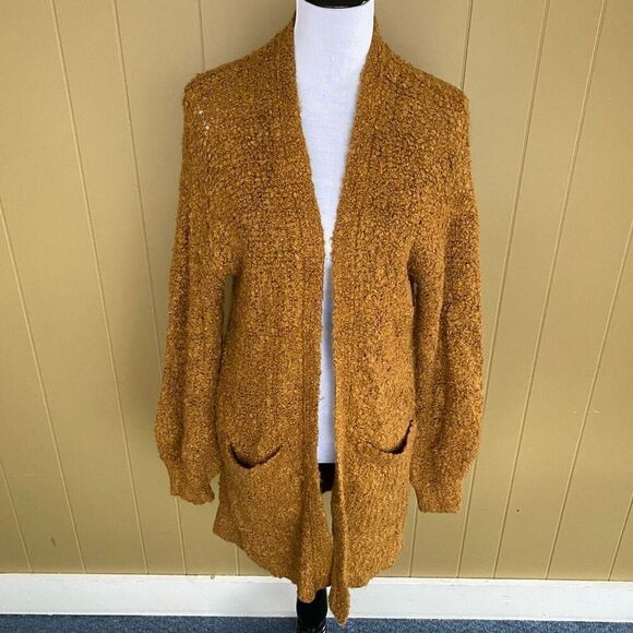 American Eagle women S open front textured cardigan w/front pockets gold - Picture 1 of 9